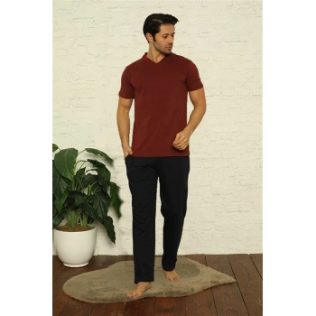 MİRAY- Erkek Bordo V Yaka 3lü Pijama Takım