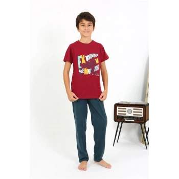 MİRAY- Erkek Çocuk Kısa Kol Penye Pijama Takım Bordo
