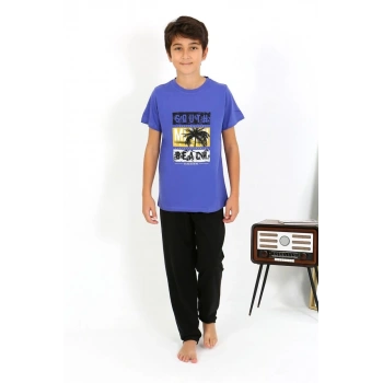 MİRAY- Erkek Çocuk Kısa Kol Penye Pijama Takım Saks