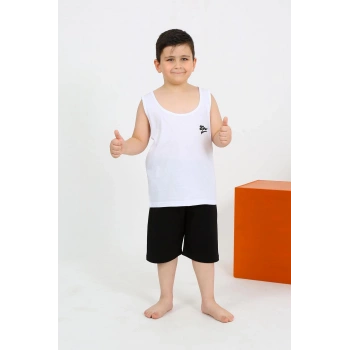 MİRAY- Erkek Çocuk Sıfır Kol Şortlu Beyaz Penye Pijama Takımı
