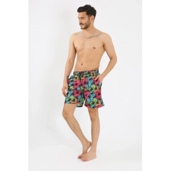 MİRAY- Erkek Desenli Fermuar Cepli Deniz Şortu Siyah