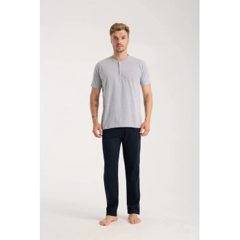 MİRAY- Erkek Gri Düğmeli Yaka Kısa Kol Pijama Takımı