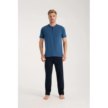 MİRAY- Erkek İndigo Düğmeli Yaka Kısa Kol Pijama Takımı