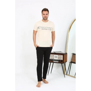 MİRAY- Erkek Kısa Kol Penye Pijama Takımı Krem