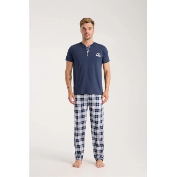 MİRAY- Erkek Lacivert Düğmeli Yaka Kısa Kol Pijama Takımı
