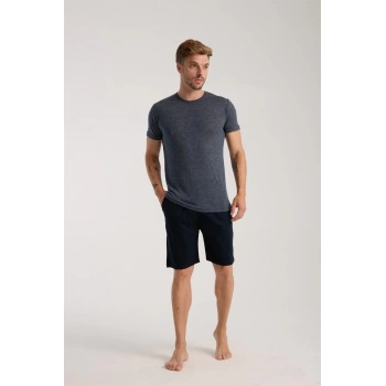 MİRAY- Erkek Lacivert Sıfır Yaka Kısa Kol Şortlu Pijama Takımı