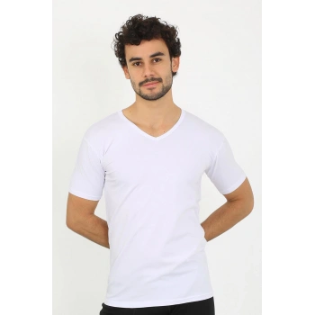 MİRAY- Erkek Likralı V Yaka Beyaz T-Shirt