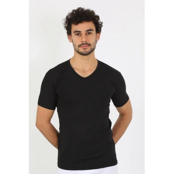 MİRAY- Erkek Likralı V Yaka Siyah T-Shirt