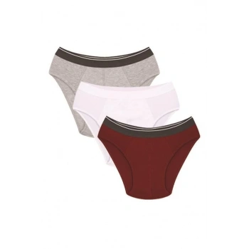 MİRAY- Erkek Pamuk 3lü Bordo Beyaz Gri Likralı Slip