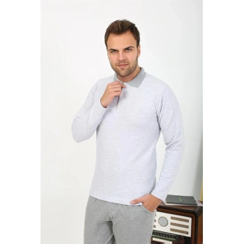 MİRAY- Erkek Polo Yaka Uzun Kol Penye Pijama Takımı Gri