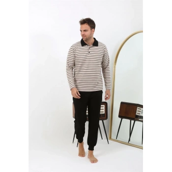 MİRAY- Erkek Polo Yaka Uzun Kol Penye Pijama Takımı Krem
