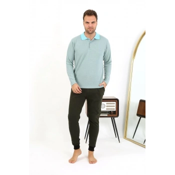 MİRAY- Erkek Polo Yaka Uzun Kol Penye Pijama Takımı Su Yeşili