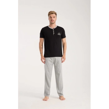 MİRAY- Erkek Siyah Düğmeli Yaka Kısa Kol Pijama Takımı