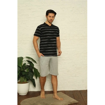 MİRAY- Erkek Siyah V Yaka 3lü Pijama Takım