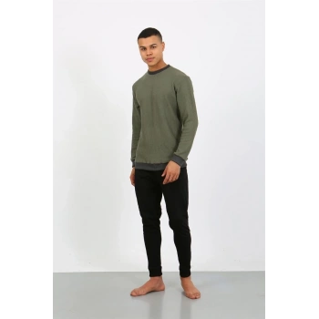 MİRAY- Erkek Uzun Kol Manşetli Paça Penye Pijama Takımı Haki