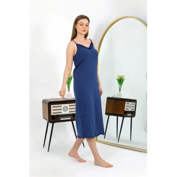 MİRAY- İp Askılı Uzun Yırtmaçlı Penye Gecelik Lacivert