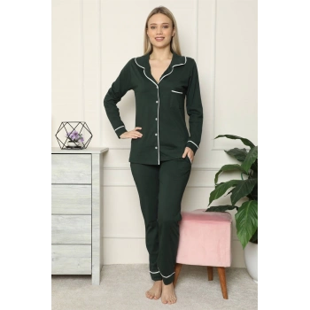 MİRAY- Kadın %100 Pamuk Penye Önden Düğmeli Uzun Kol Pijama Takım Yeşil