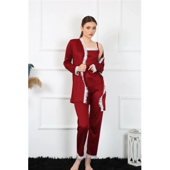 MİRAY- Kadın 3lü Bordo Sabahlık Takım