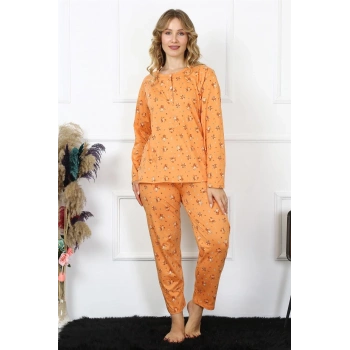 MİRAY- Kadın 4XL-5XL-6XL-7XL-8XL Büyük Beden Uzun Kol Pijama Takım Turuncu