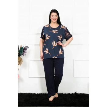MİRAY- Kadın 5XL-6XL-7XL-8XL Büyük Beden Kısa Kol Pijama Takım Lacivert
