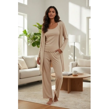 MİRAY- Kadın Bej Yumuşak Dokulu Dökümlü Kısa Kimono Şık ve Rahat Ev Giyim