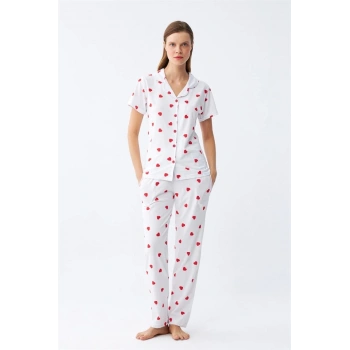 MİRAY- Kadın Beyaz Kırmızı Kalpli Önden Düğmeli Pijama Takımı
