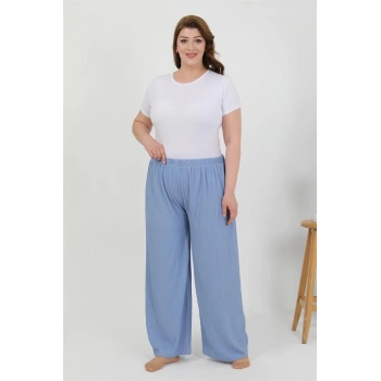 MİRAY- Kadın Büyük Beden Bürümcük Pantolon  Mavi