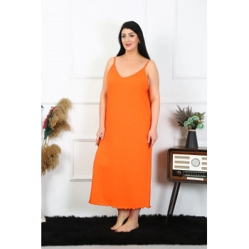 MİRAY- Kadın Büyük Beden İp Askılı Pamuklu Turuncu Uzun Gecelik