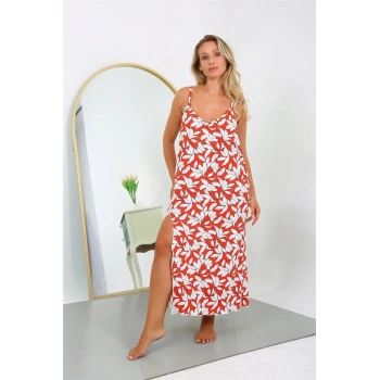 MİRAY- Kadın Büyük Beden İp Askılı Pamuklu Uzun Gecelik