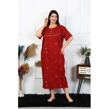 MİRAY- Kadın Büyük Beden Kısa Kol Bordo Anne Gecelik