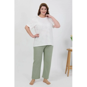 MİRAY- Kadın Büyük Beden Kısa Kol Penye Pijama Takımı Beyaz