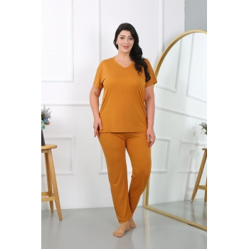 MİRAY- Kadın Büyük Beden Kısa Kol Penye Pijama Takımı Hardal