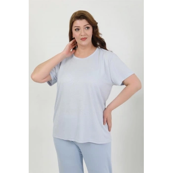 MİRAY- Kadın Büyük Beden Kısa Kol Penye Pijama Takımı Mavi