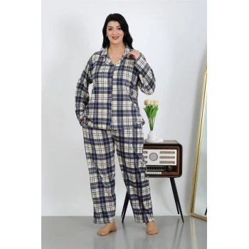 MİRAY- Kadın Büyük Beden Pamuklu Cepli Düğmeli Lacivert Pijama Takım