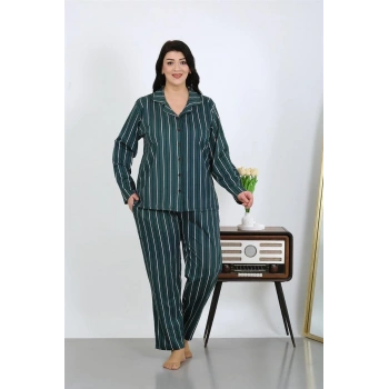 MİRAY- Kadın Büyük Beden Pamuklu Cepli Düğmeli Petrol Pijama Takım
