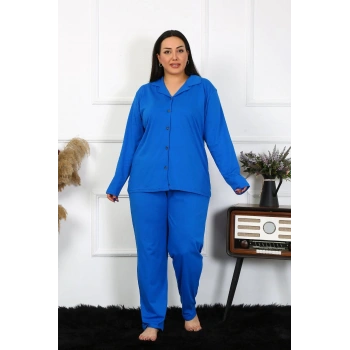 MİRAY- Kadın Büyük Beden Pamuklu Cepli Düğmeli Saks Pijama Takım