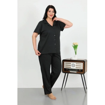 MİRAY- Kadın Büyük Beden Pamuklu Cepli Düğmeli Siyah Pijama Takım