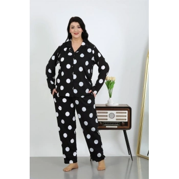 MİRAY- Kadın Büyük Beden Pamuklu Cepli Düğmeli Siyah Pijama Takım