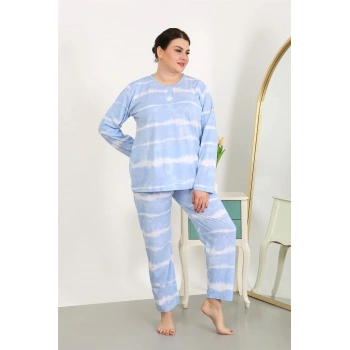 MİRAY- Kadın Büyük Beden Uzun Kol Penye Pijama Takımı Mavi