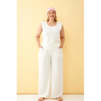 MİRAY- Kadın Ekru Keten Jakarlı Büyük Beden Alt Üst Takım