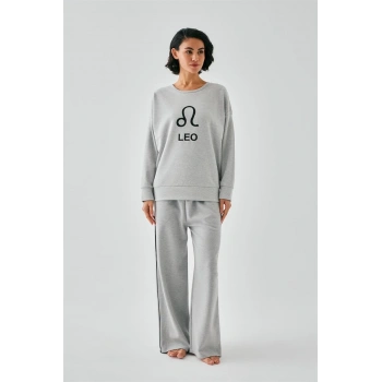 MİRAY- Kadın Gri Aslan Burcu Oversize 2 İplik Eşofman Ev Giyim Takımı