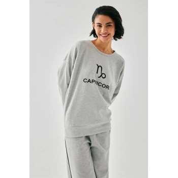 MİRAY- Kadın Gri Oğlak Burcu Oversize 2 İplik Eşofman Ev Giyim Takımı