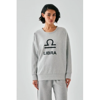 MİRAY- Kadın Gri Terazi Burcu Oversize 2 İplik Eşofman Ev Giyim Takımı