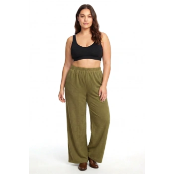 MİRAY- Kadın Haki Dokulu Büyük Beden Cepli Pijama Altı