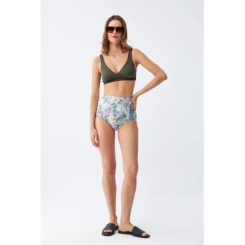MİRAY- Kadın Haki Pedli Üst ve Yüksek Bel Çiçek Desenli Bikini Takımı