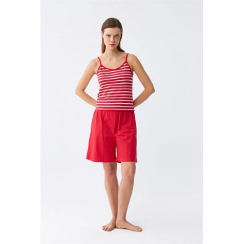 MİRAY- Kadın İp Askılı Pamuk Penye Şortlu Takım Kırmızı