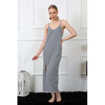 MİRAY- Kadın İp Askılı Uzun Gecelik Lacivert