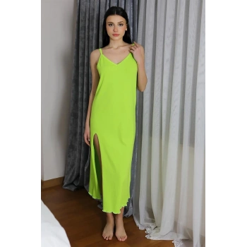 MİRAY- Kadın İp Askılı Uzun Yırtmaçlı Pamuk Penye Gecelik Yeşil