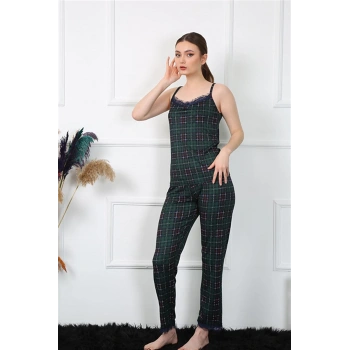 MİRAY- Kadın İp Askılı Yeşil Ekoseli Pijama Takım