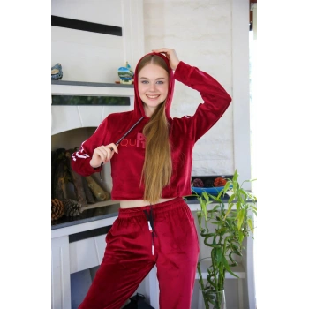 MİRAY- Kadın Kadife Kapşonlu Eşofman Takım Bordo